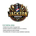 Barber metal sign product feature graphic showing the cut-metal sign design with barber tools and classic shop decor
