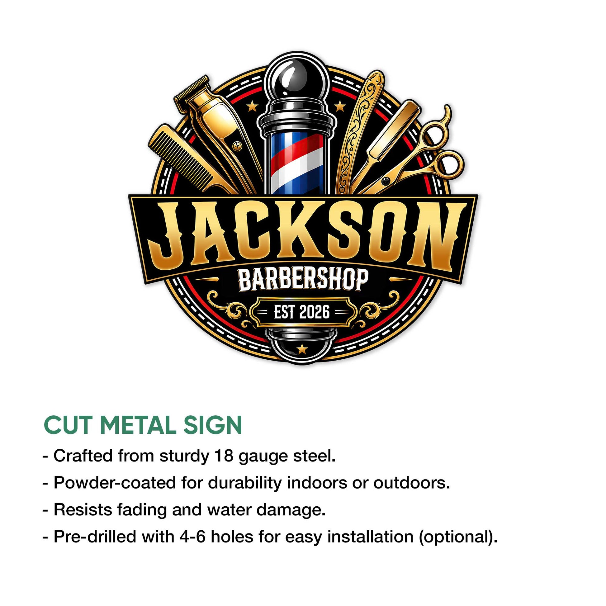 Barber metal sign product feature graphic showing the cut-metal sign design with barber tools and classic shop decor