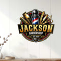 Barbershop metal sign displayed on a white paneled wall above a console for salon or shop decor