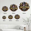 Barber metal sign size guide showing six square size options in a styled wall decor setting