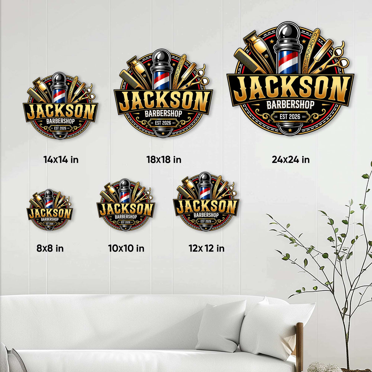 Barber metal sign size guide showing six square size options in a styled wall decor setting