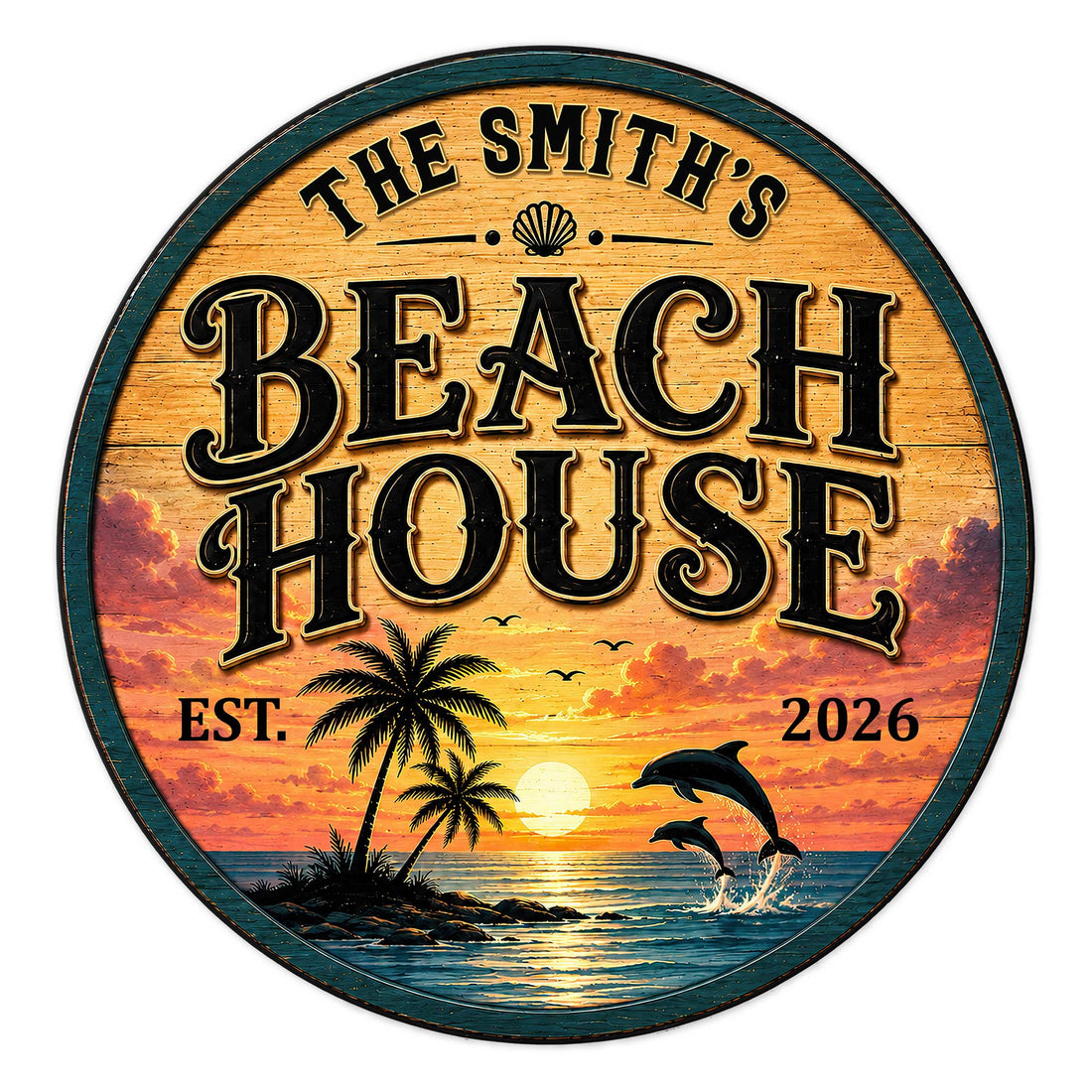Custom beach house metal sign with a tropical sunset, palm trees, ocean waves, and leaping dolphins