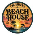 Custom beach house metal sign with a tropical sunset, palm trees, ocean waves, and leaping dolphins