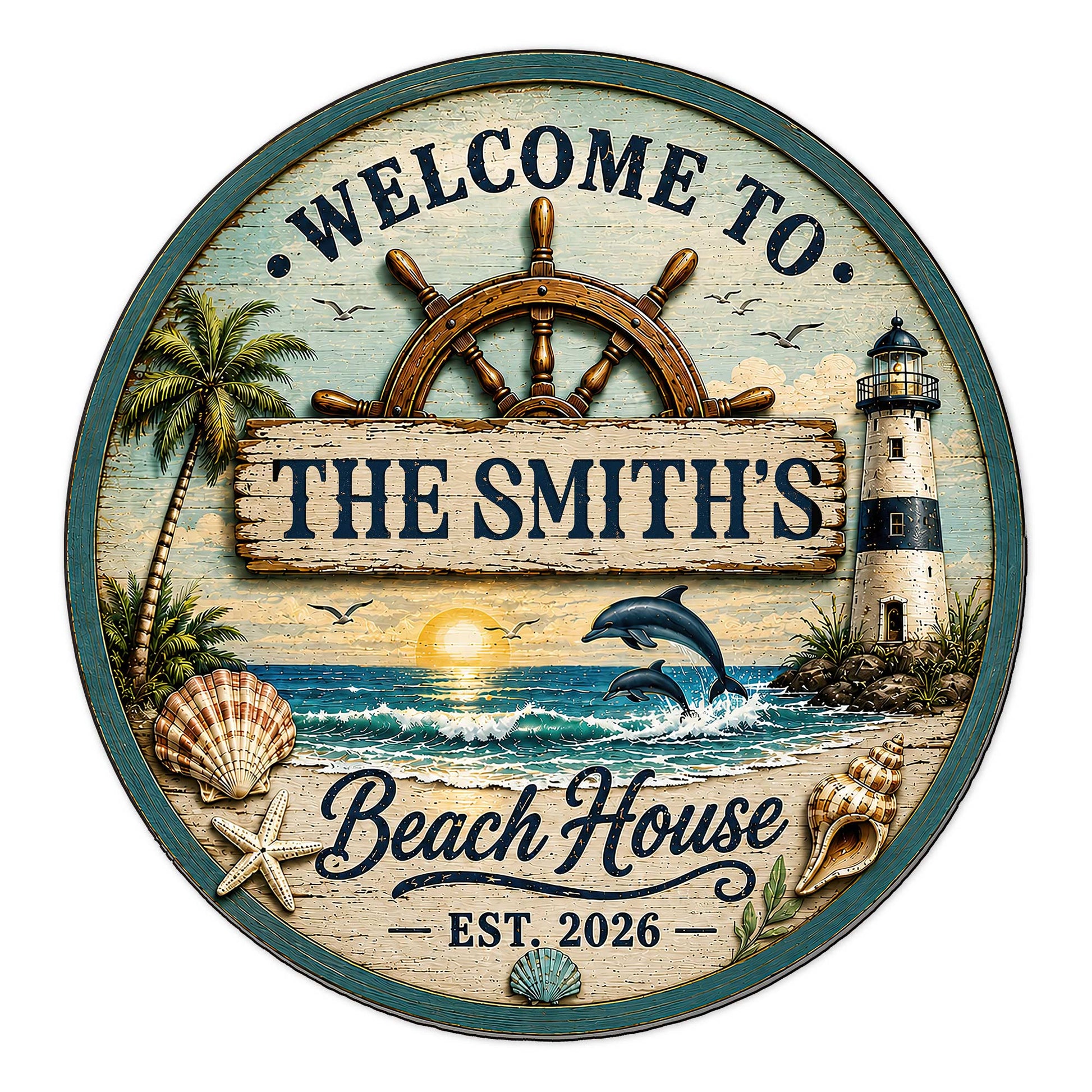Round beach house metal sign with a nautical wheel, lighthouse, palm trees, dolphins, shells, and ocean scene