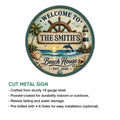 Beach house cut metal sign shown with an infographic highlighting finish, outdoor use, and hanging options