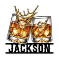 Bourbon metal sign featuring two whiskey glasses with ice, amber splash, and bold decorative typography