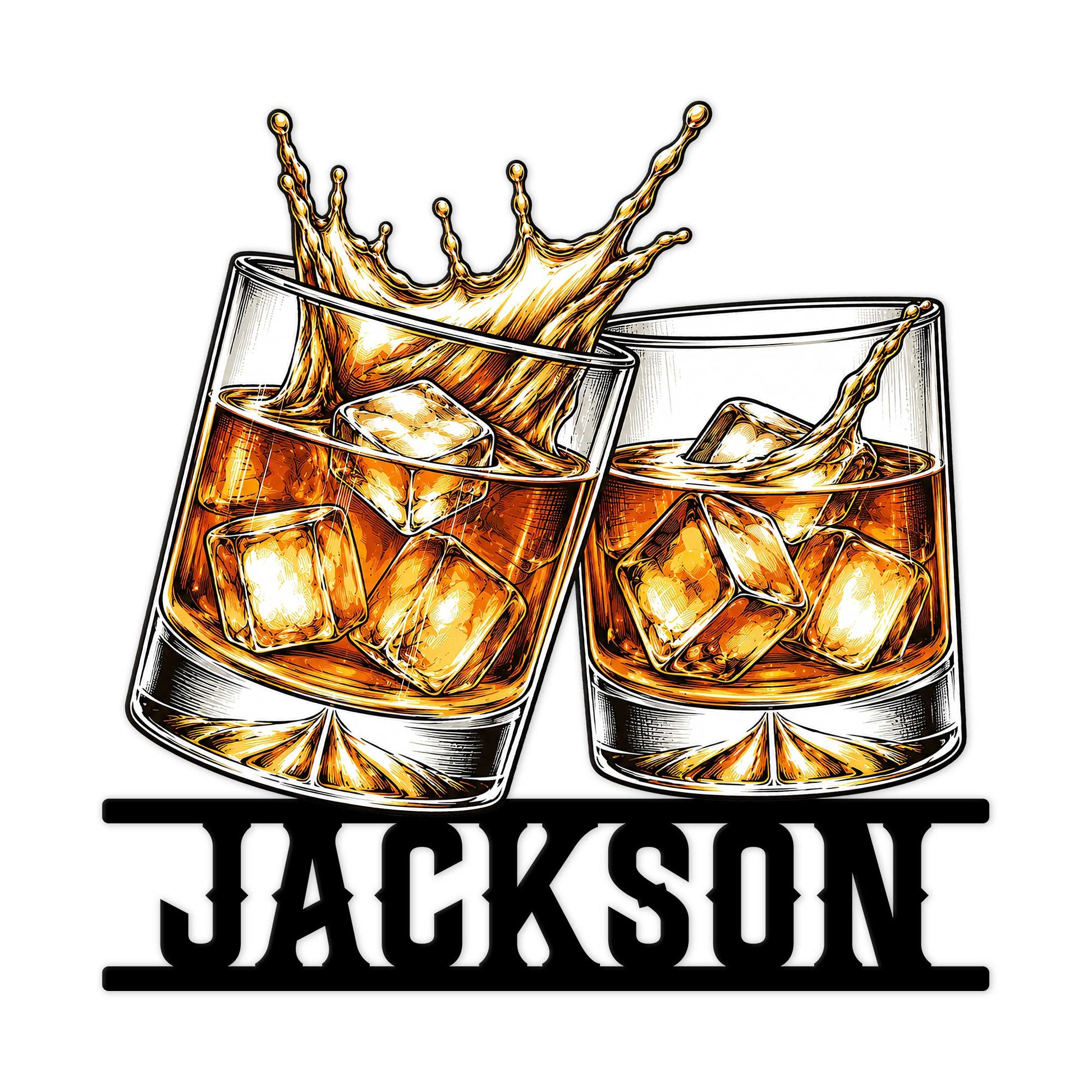 Bourbon metal sign featuring two whiskey glasses with ice, amber splash, and bold decorative typography