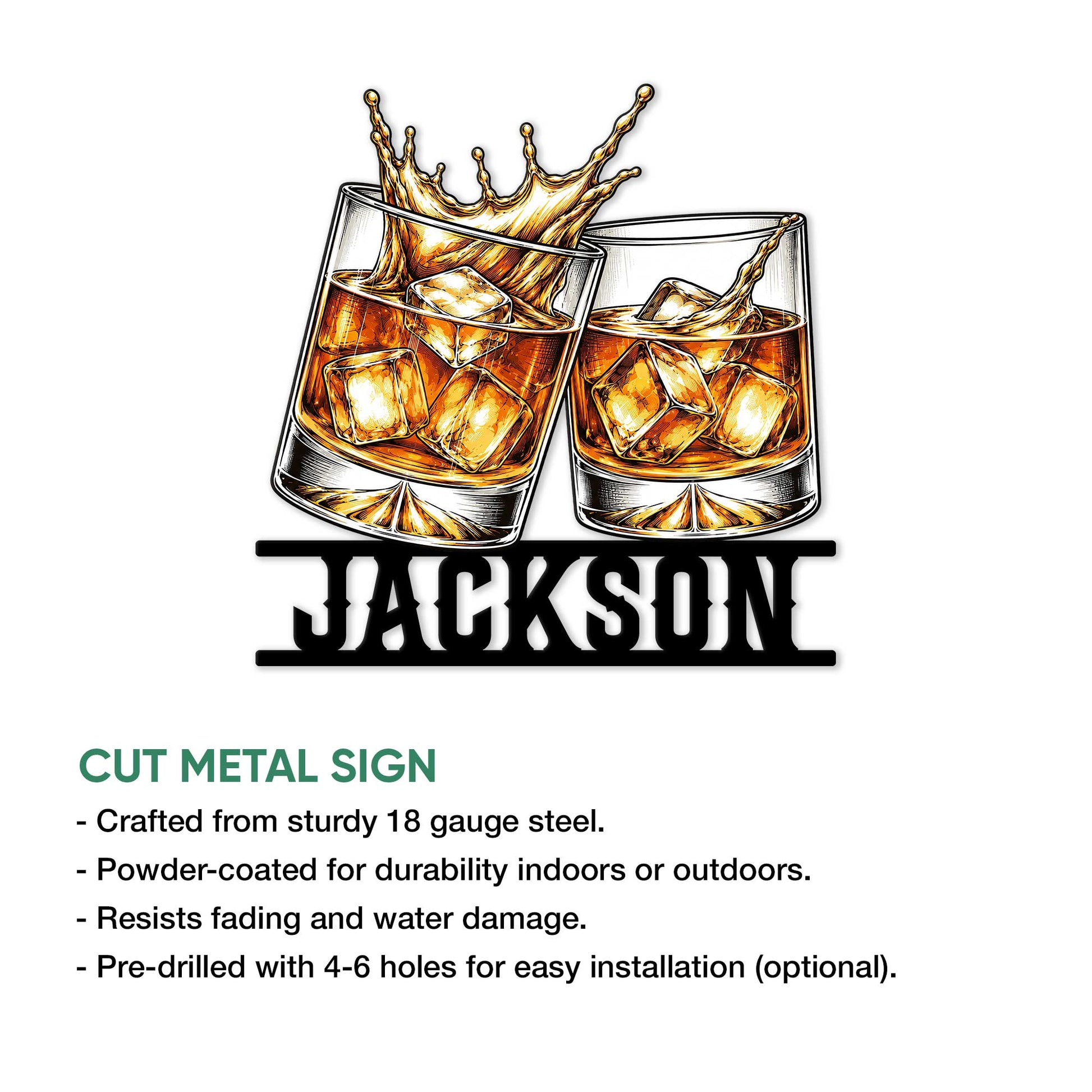 Bourbon metal sign feature graphic showing the whiskey glass artwork and cut metal sign details