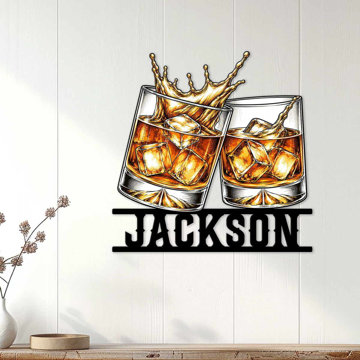 Bourbon wall sign displayed in a bright home interior with two whiskey glasses and amber splash artwork