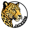 Close-up cheetah portrait metal sign with bold black spots, golden fur, and a circular wall decor design