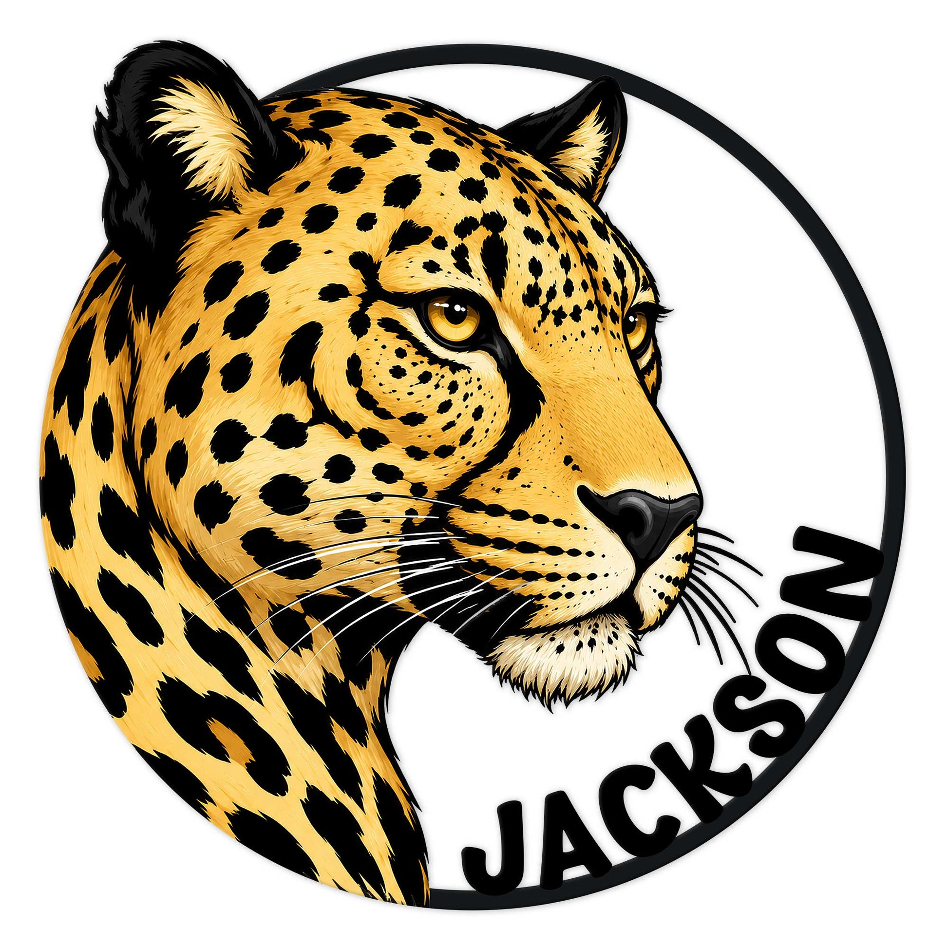 Close-up cheetah portrait metal sign with bold black spots, golden fur, and a circular wall decor design