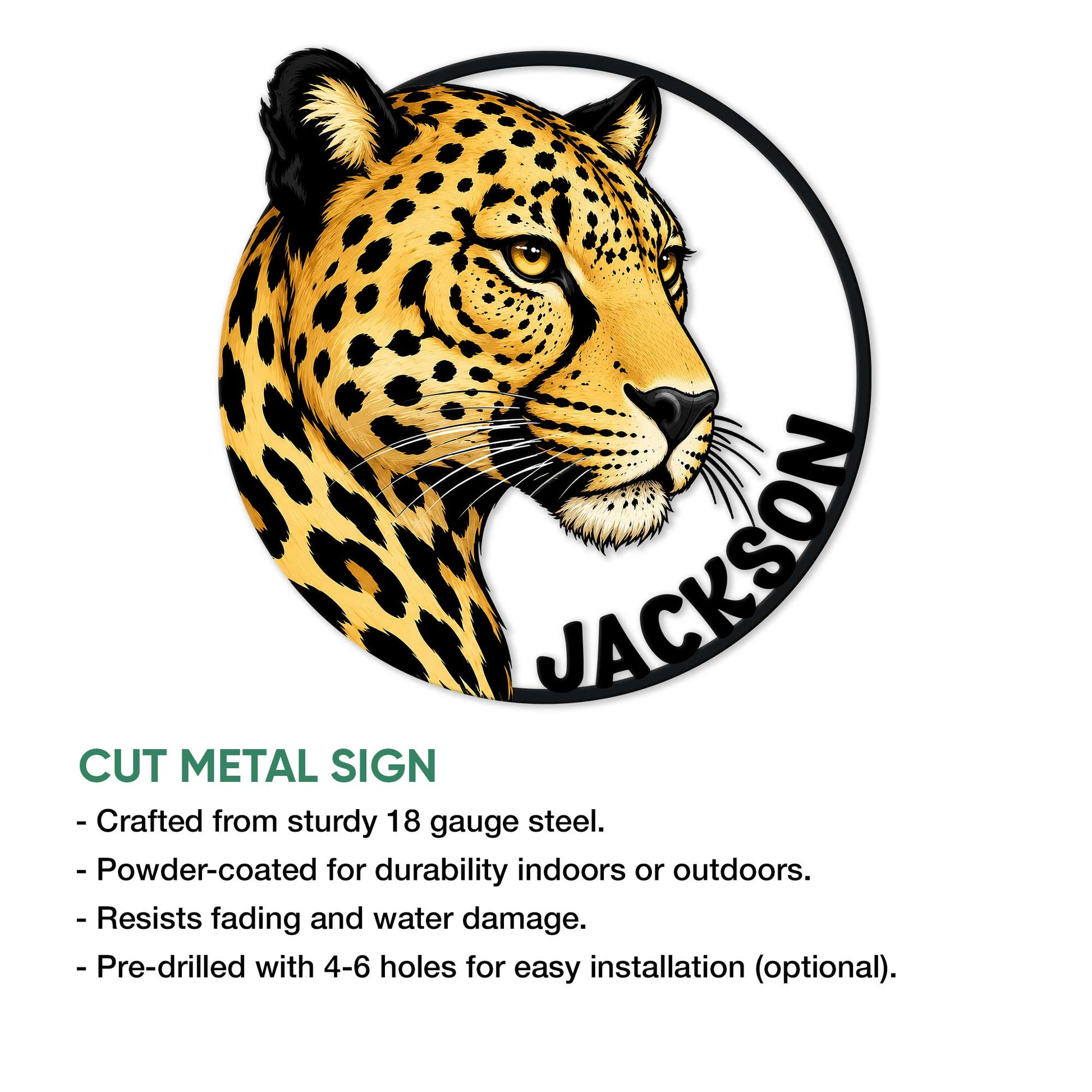 Cheetah metal sign feature graphic showing the cut animal portrait design and wall display format