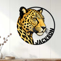 Cheetah wall sign displayed on white paneled decor, adding striking wildlife art to a room