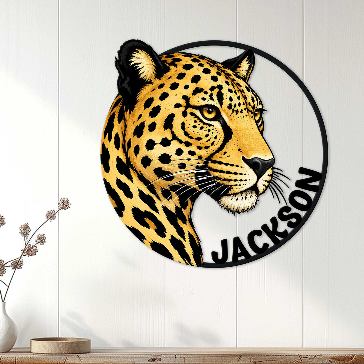 Cheetah wall sign displayed on white paneled decor, adding striking wildlife art to a room