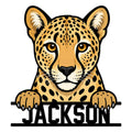 Cheetah metal sign featuring a bold close-up leopard face with spotted fur and paws over a base