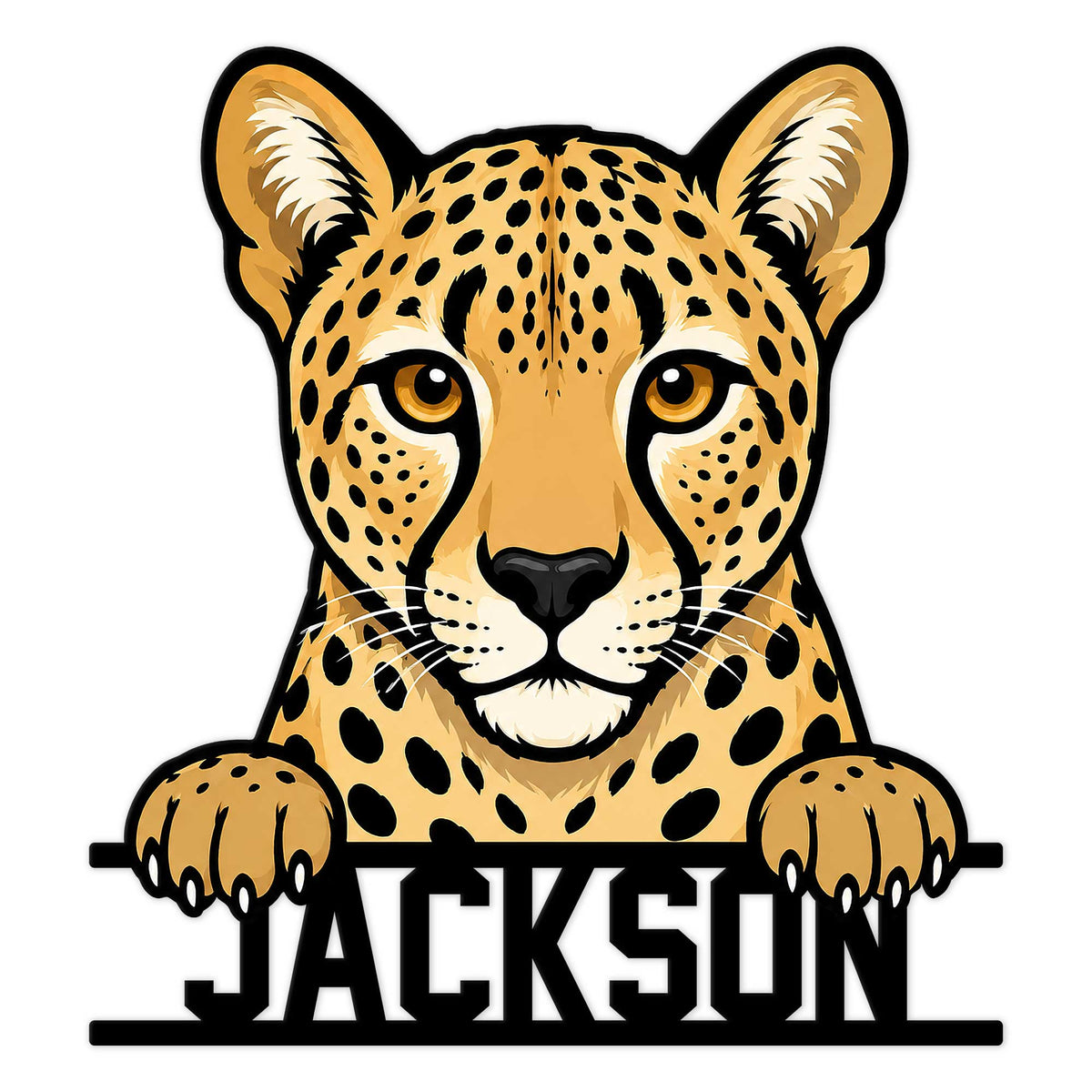 Cheetah metal sign featuring a bold close-up leopard face with spotted fur and paws over a base
