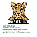 Cheetah cut metal sign feature graphic showing the leopard artwork and product presentation