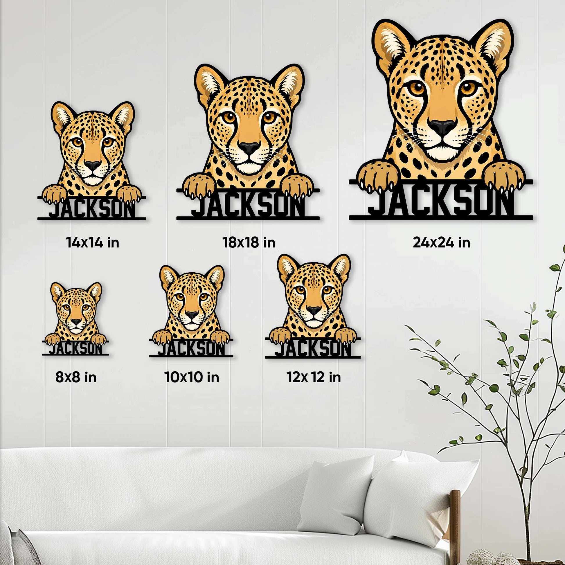 Cheetah metal sign size guide showing multiple scale options styled above a living room sofa