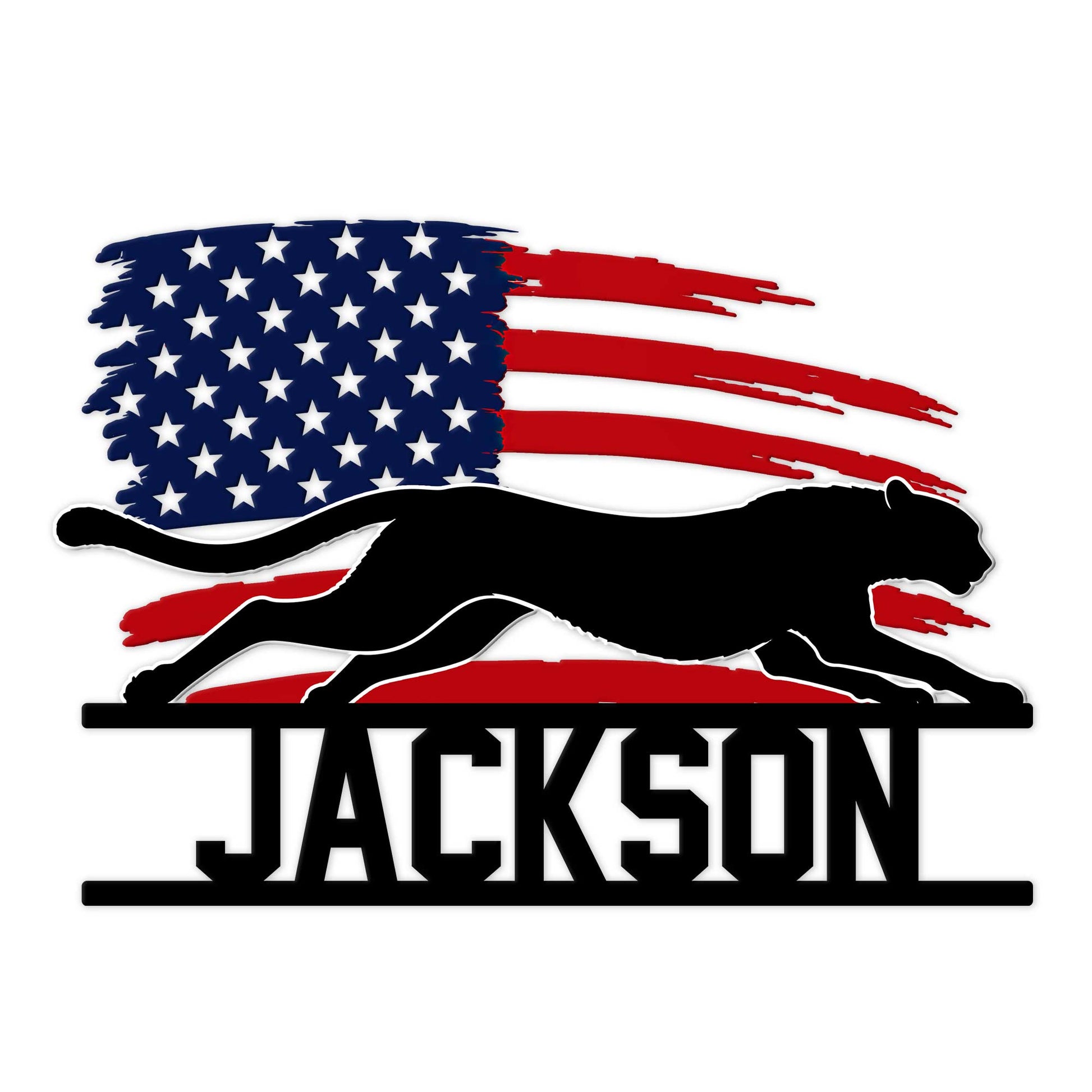 Custom cheetah metal sign featuring a running big cat silhouette over a distressed American flag design