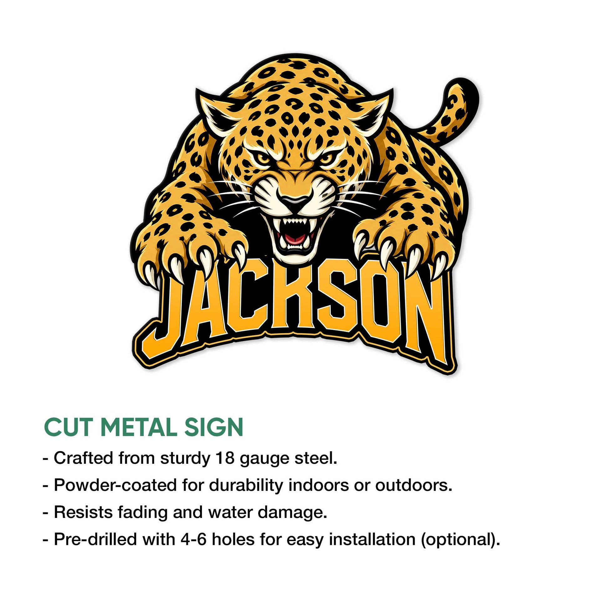 Cheetah metal sign feature graphic presenting a fierce spotted big cat design and product benefits