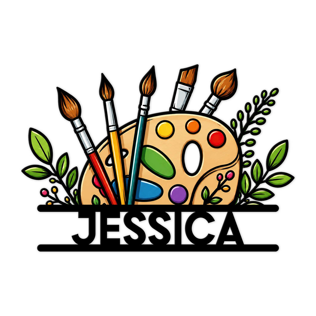 Custom artist metal sign featuring a colorful painter’s palette, brushes, and leafy botanical accents