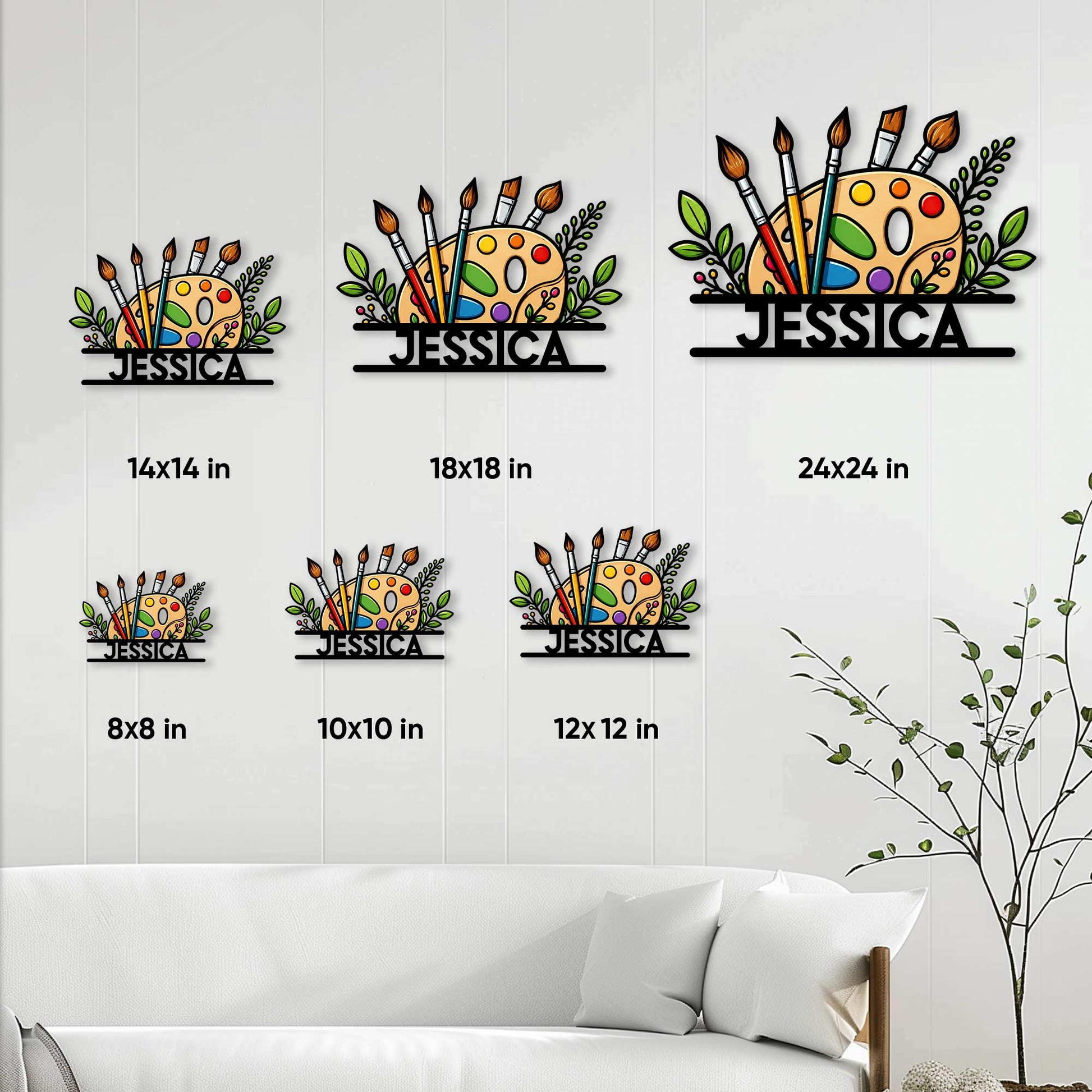 Artist metal sign size guide displaying available square sizes from 8x8 to 24x24 inches