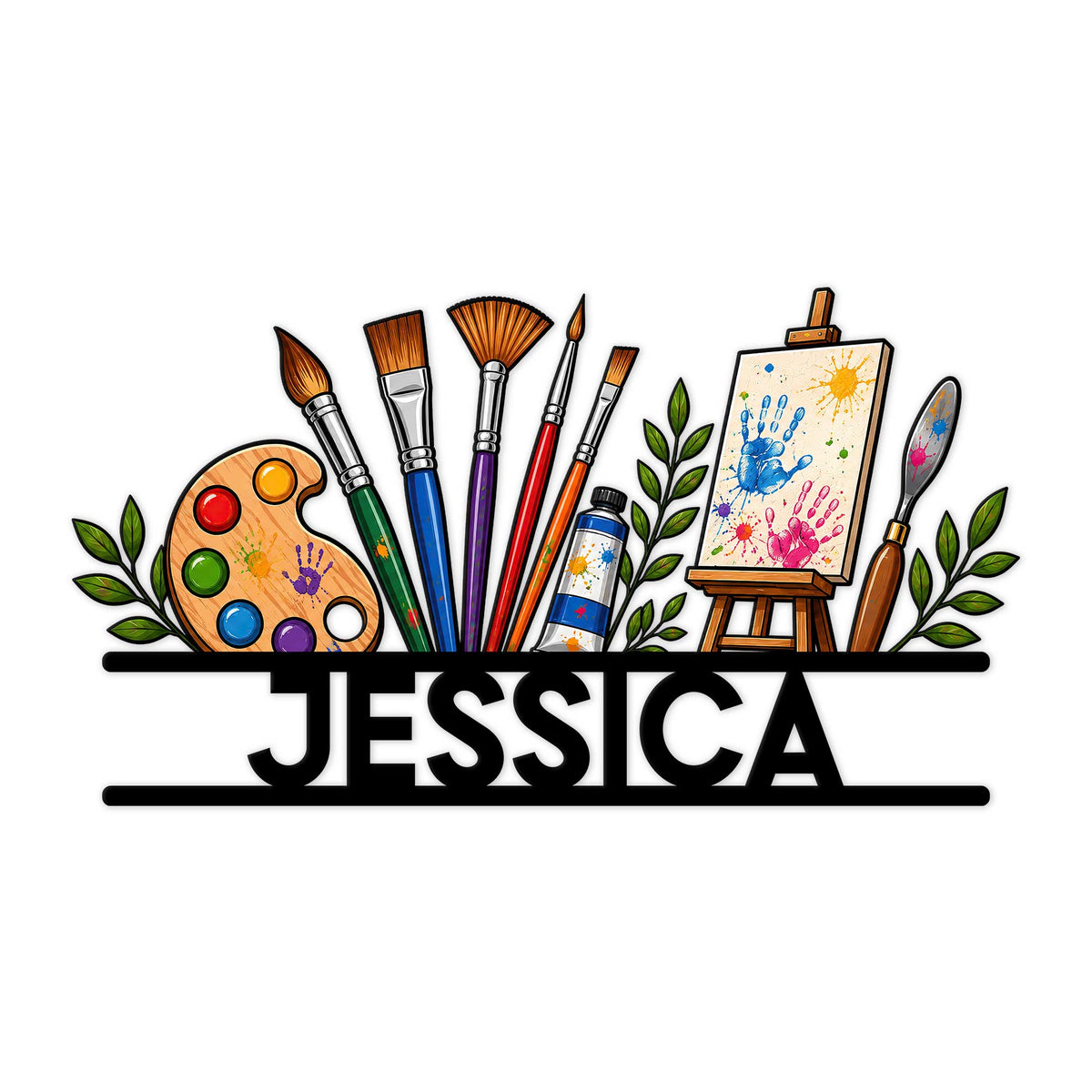 Artist metal sign featuring colorful paintbrushes, palette, easel, paint tubes, and leafy accents