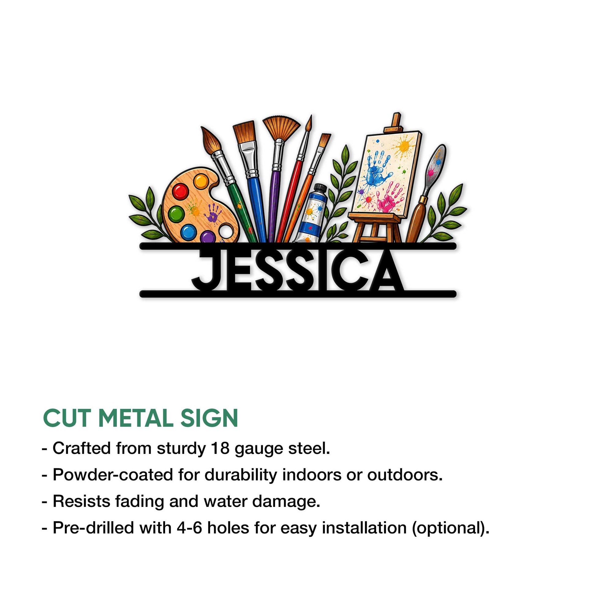 Artist metal sign product infographic showing the colorful painting design and cut metal sign features