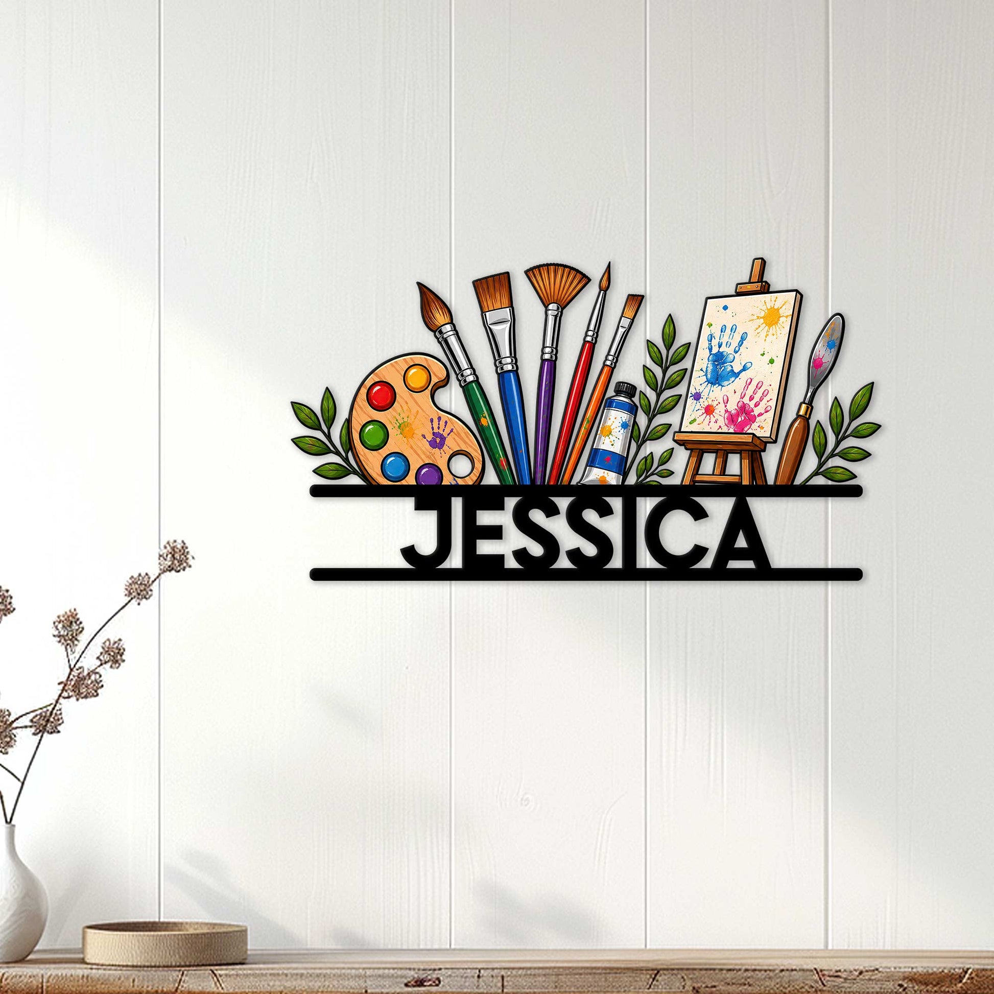 Custom artist wall sign displayed on a light wood-paneled wall above a console