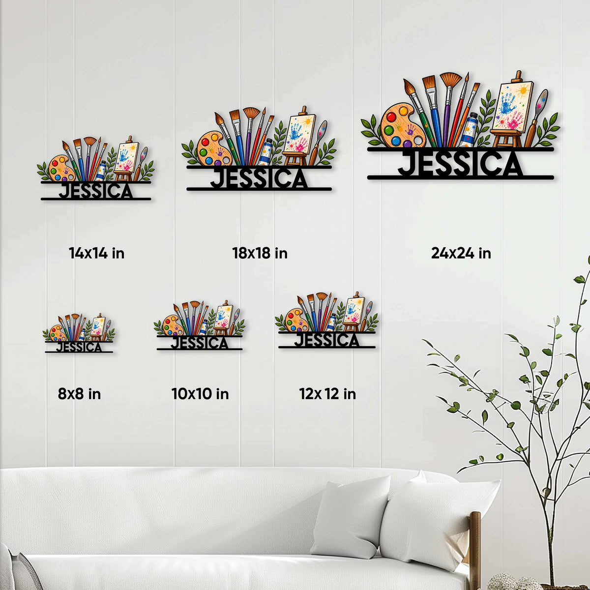 Artist metal sign size guide showing 8x8, 10x10, 12x12, 14x14, 18x18, and 24x24 inch options