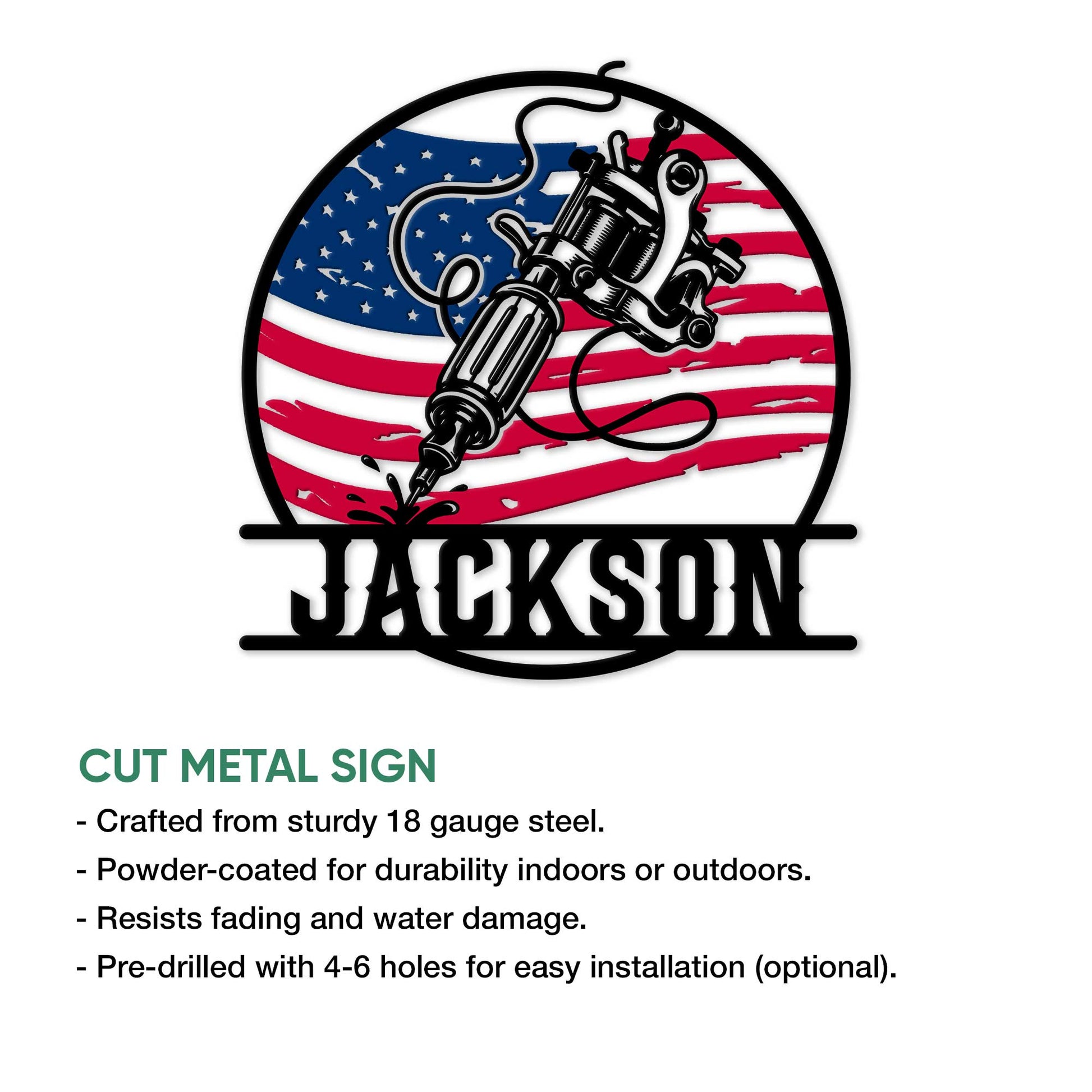 Tattoo artist metal sign product graphic highlighting the patriotic tattoo machine artwork