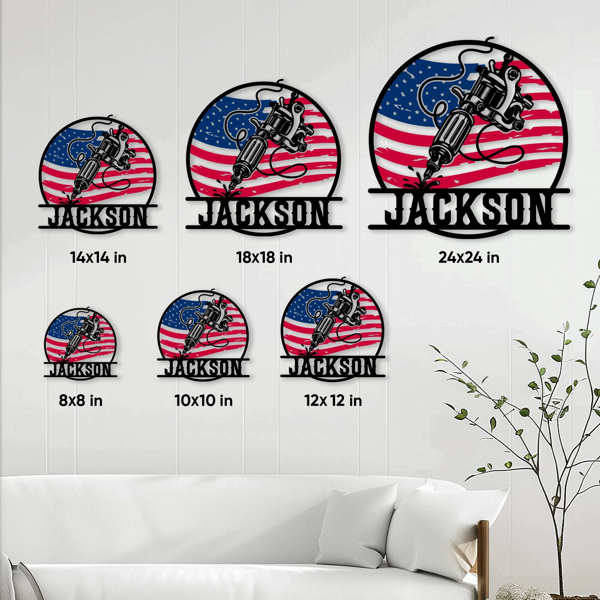 Tattoo artist metal sign shown in multiple available sizes on a living room wall