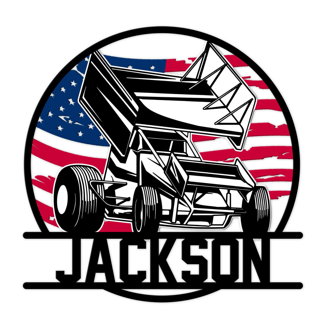 Custom sprint car metal sign with a bold black race car silhouette over an American flag background