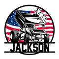 Custom sprint car metal sign with a bold black race car silhouette over an American flag background