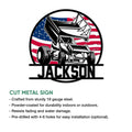 Sprint car racing metal sign shown as a cut metal wall accent with an American flag design