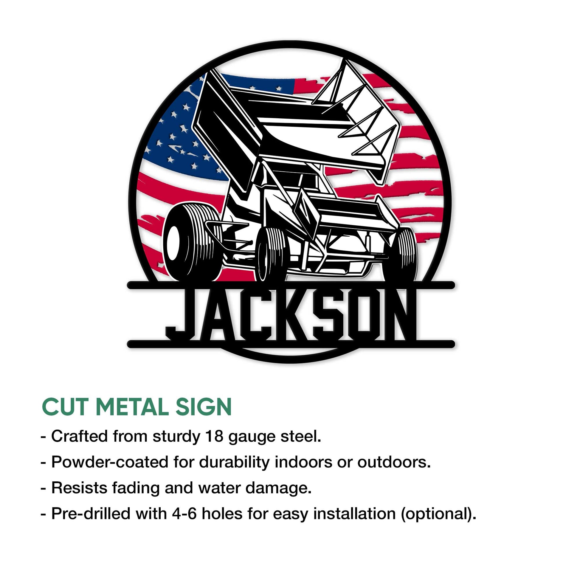 Sprint car racing metal sign shown as a cut metal wall accent with an American flag design