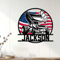 Sprint car metal wall sign displayed on white paneling as racing decor for a home or garage