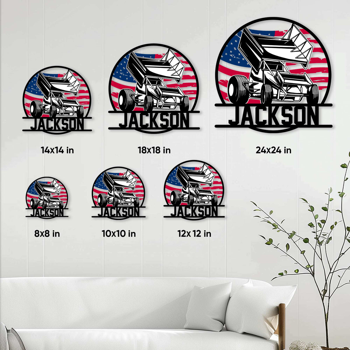 Sprint car racing wall sign shown in multiple sizes above a sofa for home decor inspiration