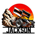 Custom sprint car racing metal sign featuring a dirt track car drifting through a cloud of dust