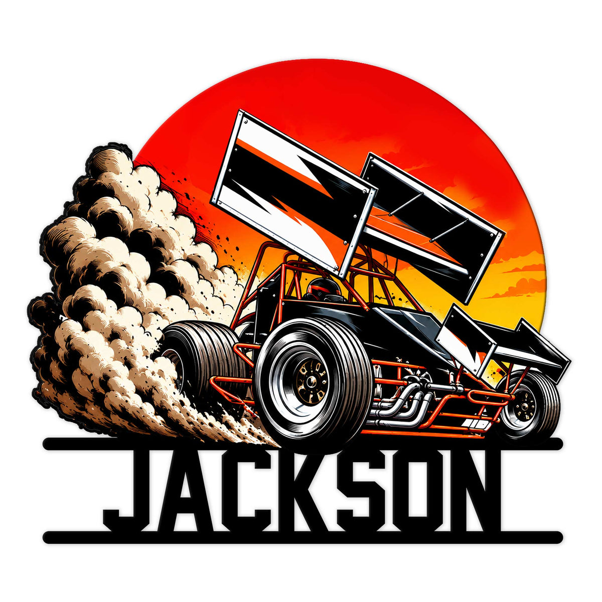Custom sprint car racing metal sign featuring a dirt track car drifting through a cloud of dust