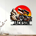 Sprint car metal sign displayed as bold racing wall decor in a bright modern home