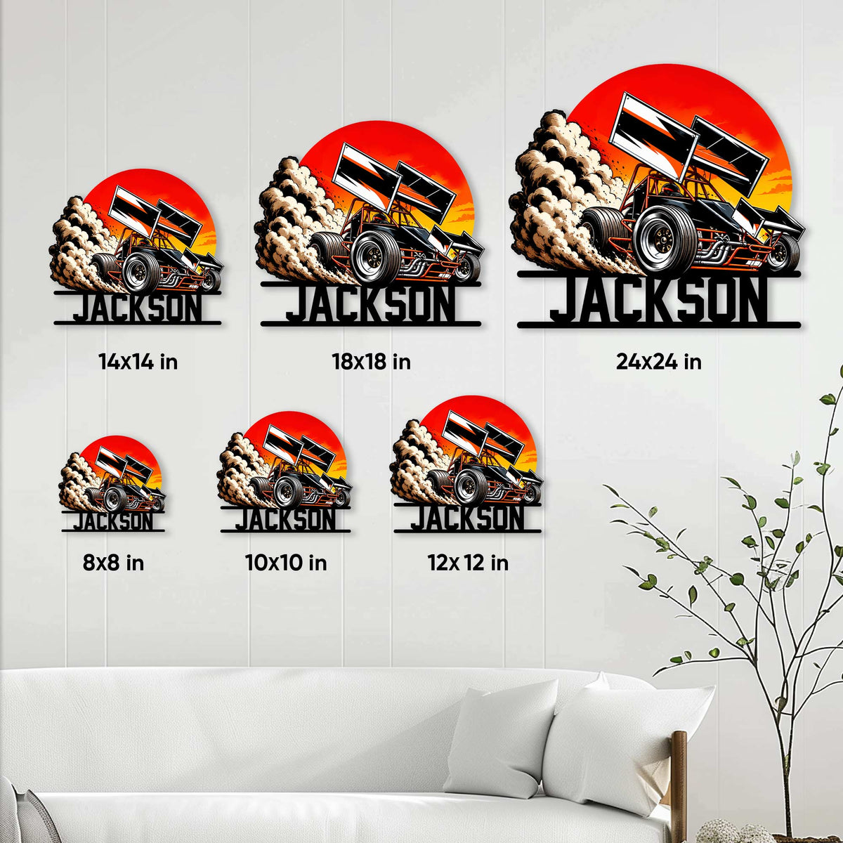 Sprint car racing metal sign size guide showing options from 8 by 8 to 24 by 24 inches