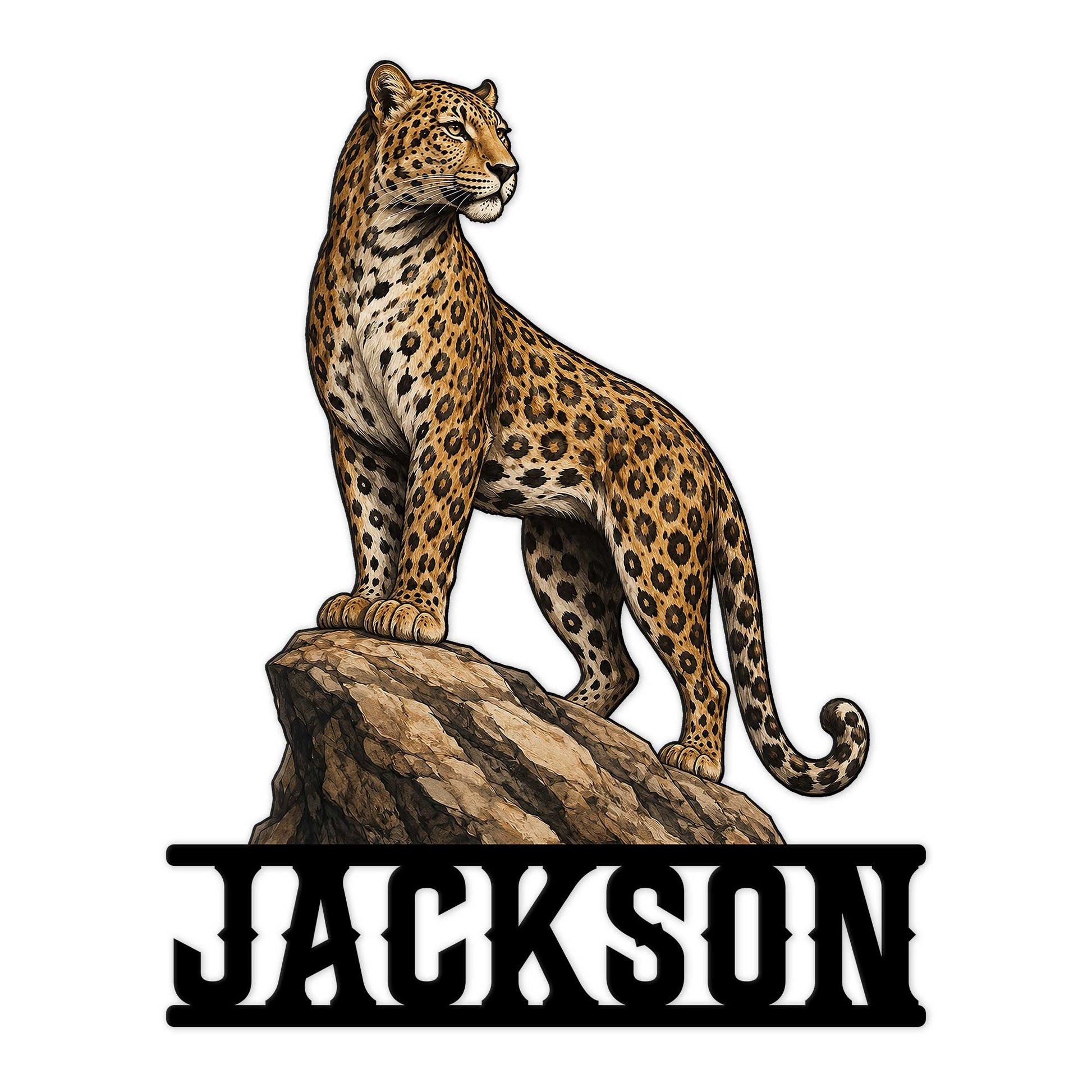 Custom leopard metal sign featuring a spotted big cat standing on a rocky ledge
