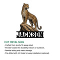 Leopard wall sign shown with a cut metal sign feature and indoor or outdoor display notes