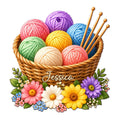 Custom knitting metal sign featuring a basket of colorful yarn balls, knitting needles, and bright flowers