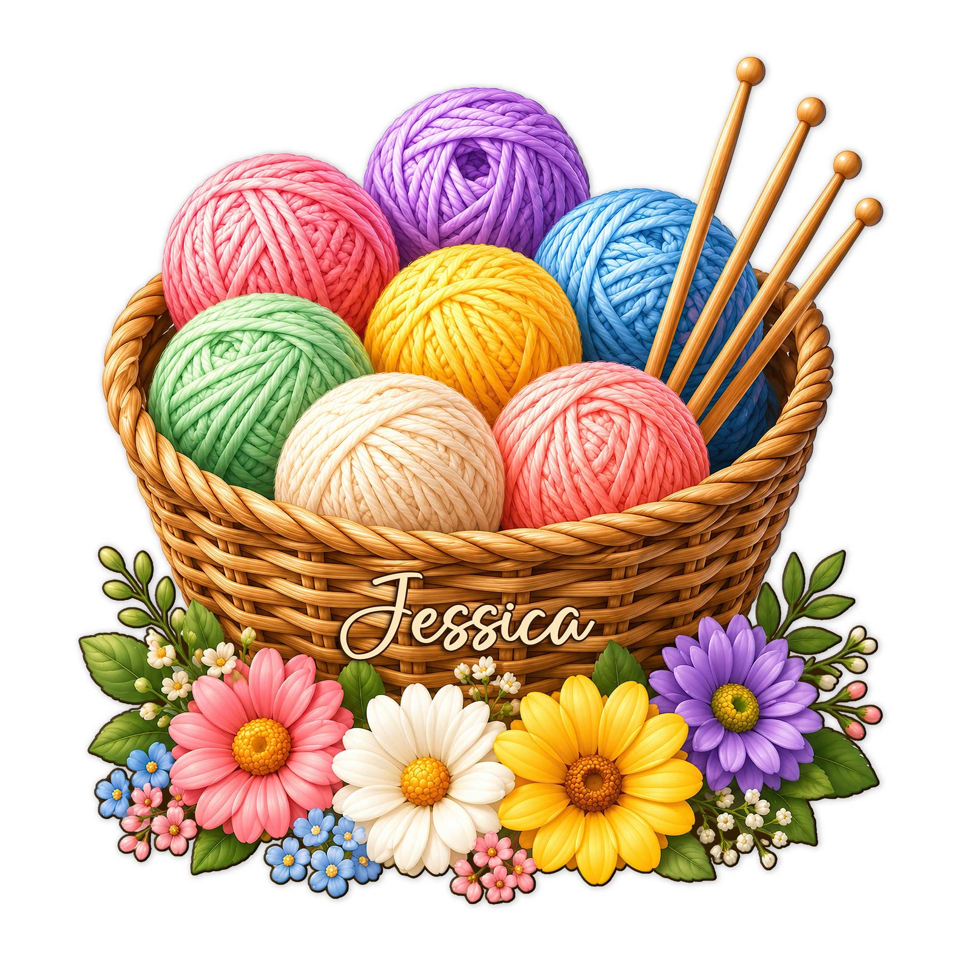 Custom knitting metal sign featuring a basket of colorful yarn balls, knitting needles, and bright flowers