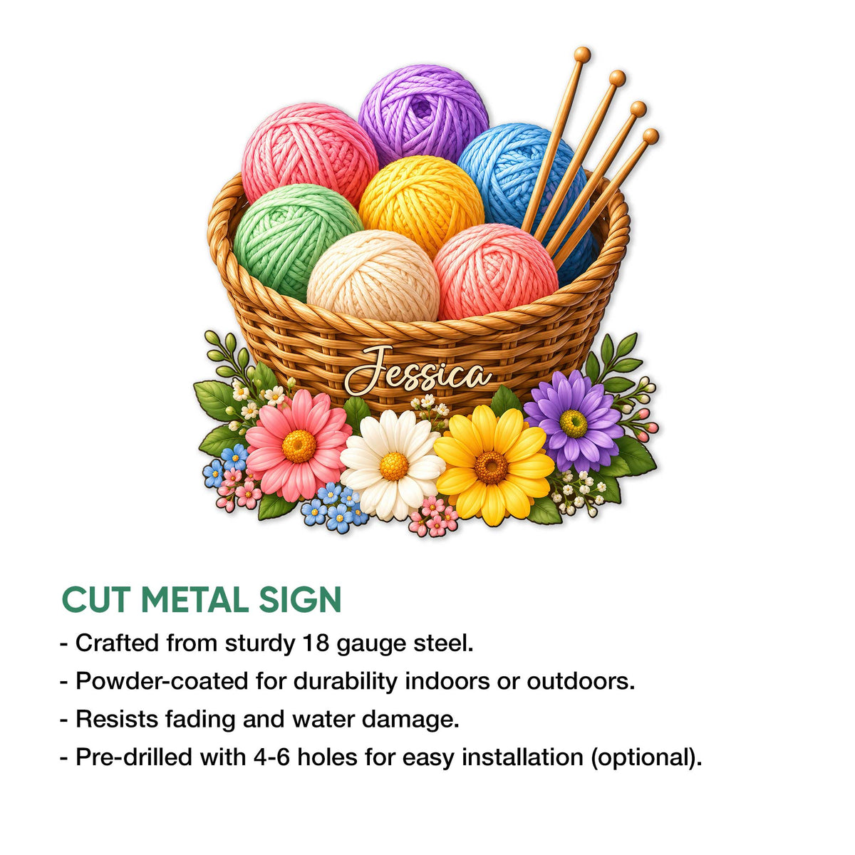 Knitting basket metal sign shown with colorful yarn, knitting needles, and floral accents in a product feature graphic
