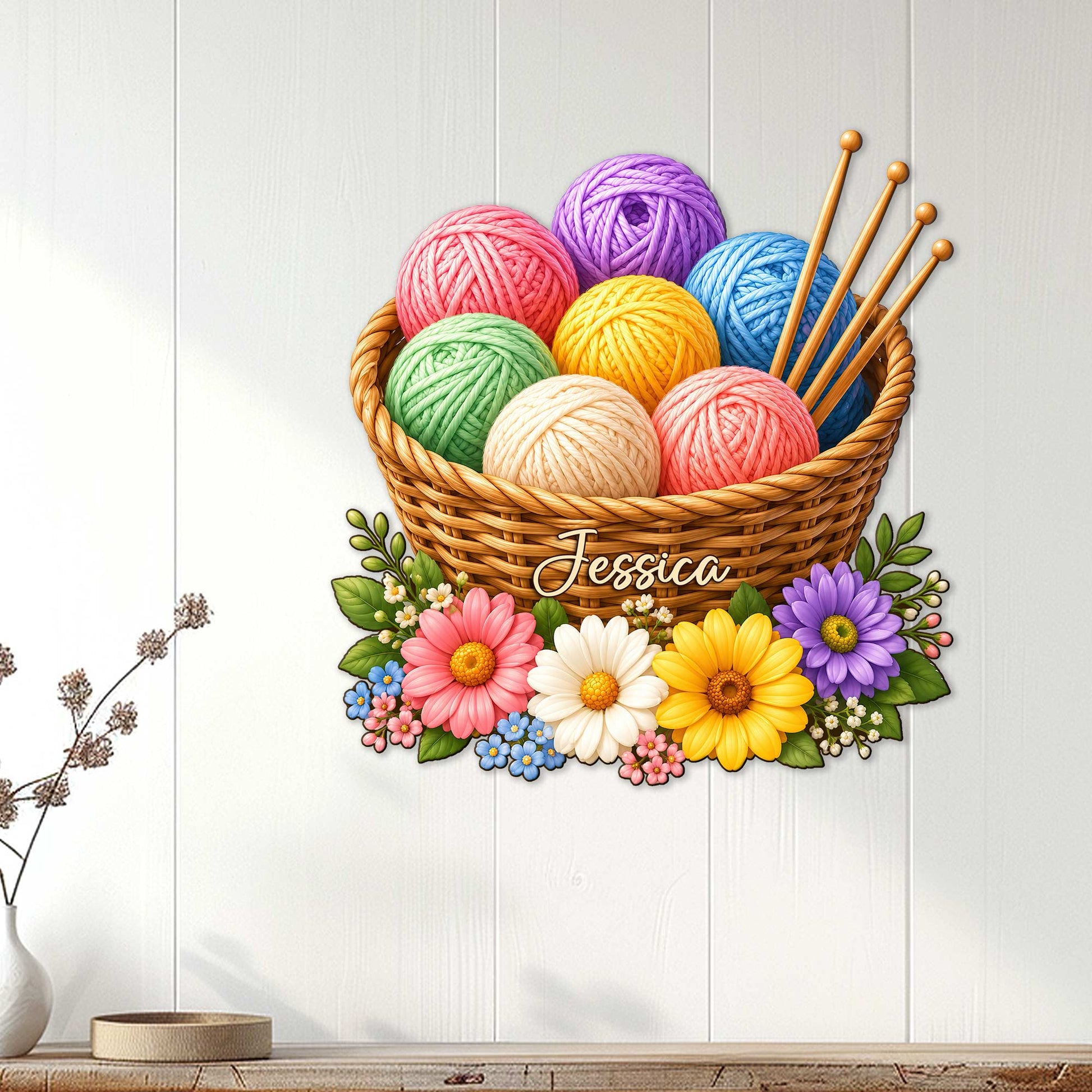 Colorful knitting metal sign displayed on a light wood-paneled wall above a console table
