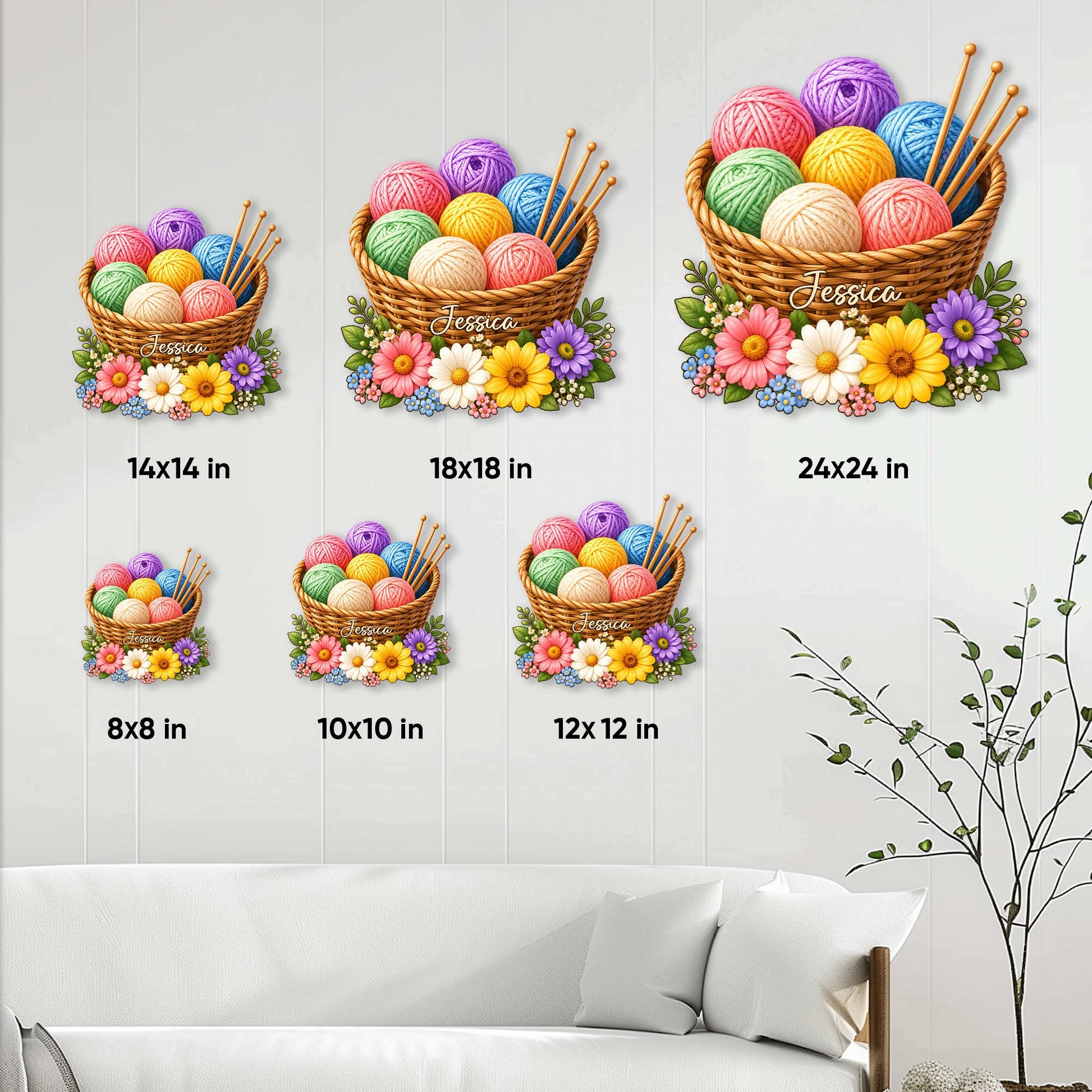 Knitting metal sign size guide showing available square sizes from 8 by 8 to 24 by 24 inches