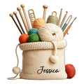 Custom knitting metal sign featuring colorful yarn balls, knitting needles, crochet hooks, and a yarn basket